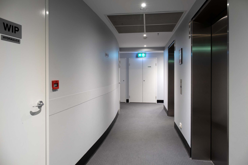 Mittelgroßer Moderner Flur mit grauer Wandfarbe, Teppichboden und blauem Boden in Brisbane