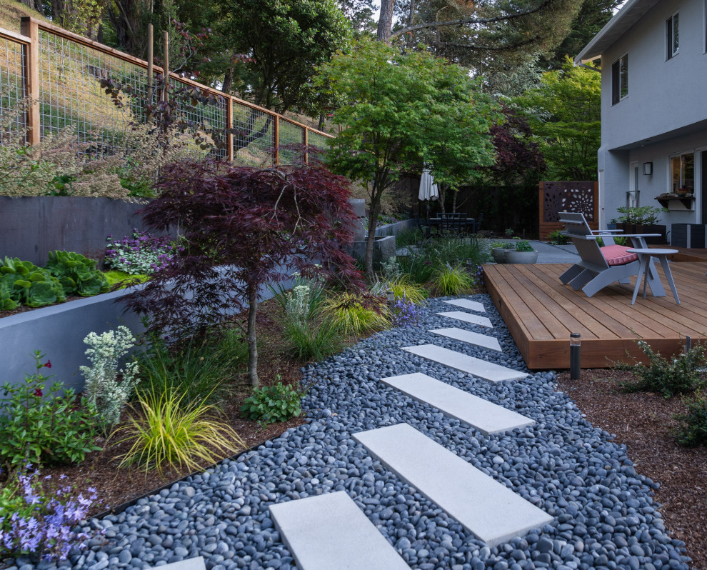 Идея дизайна: участок и сад среднего размера на заднем дворе в современном стиле с подпорной стенкой, полуденной тенью и мощением тротуарной плиткой