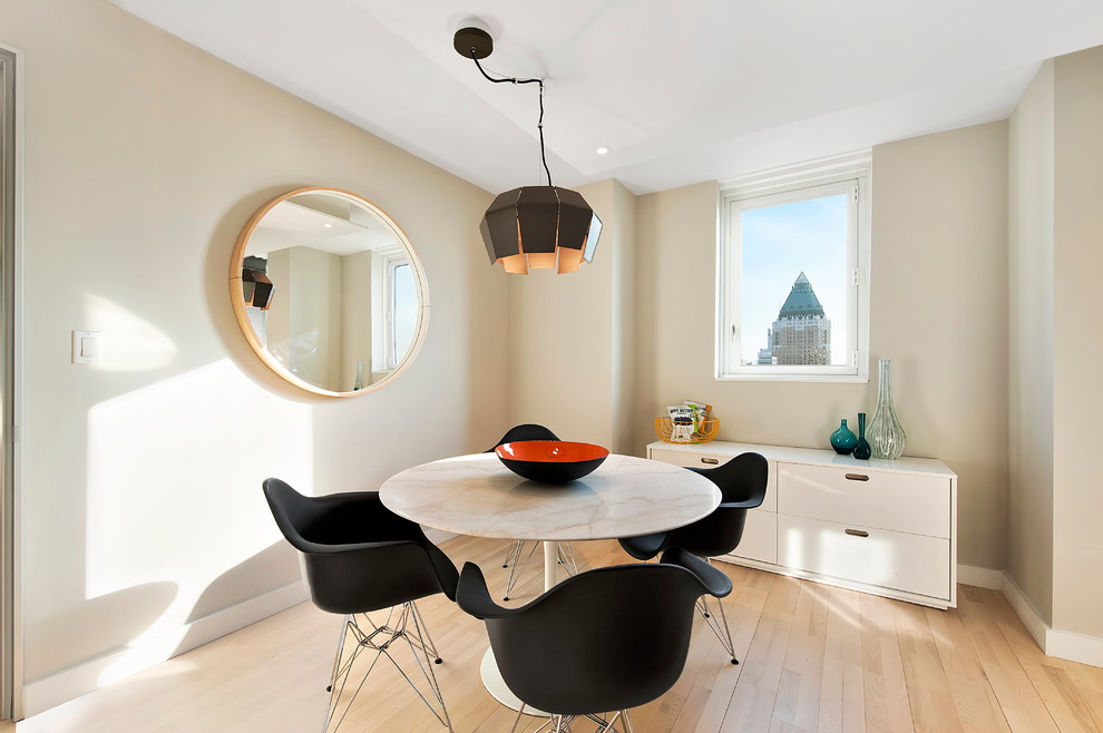 Design ideas for a contemporary dining room in New York with beige walls and light hardwood floors.