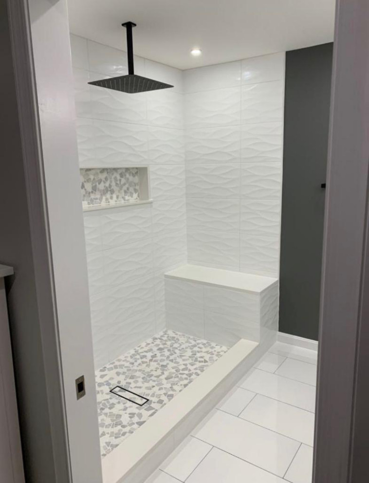 Photo of a mid-sized modern master bathroom in DC Metro with open cabinets, white cabinets, white tile, tile benchtops, white benchtops, a single vanity and a built-in vanity.