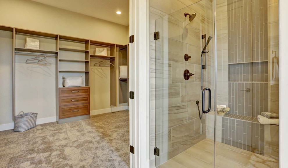 Large arts and crafts master bathroom in Other with grey cabinets, an alcove shower, beige walls, ceramic floors, an integrated sink, marble benchtops, beige floor, a hinged shower door, brown benchtops, a double vanity, a built-in vanity and wood.