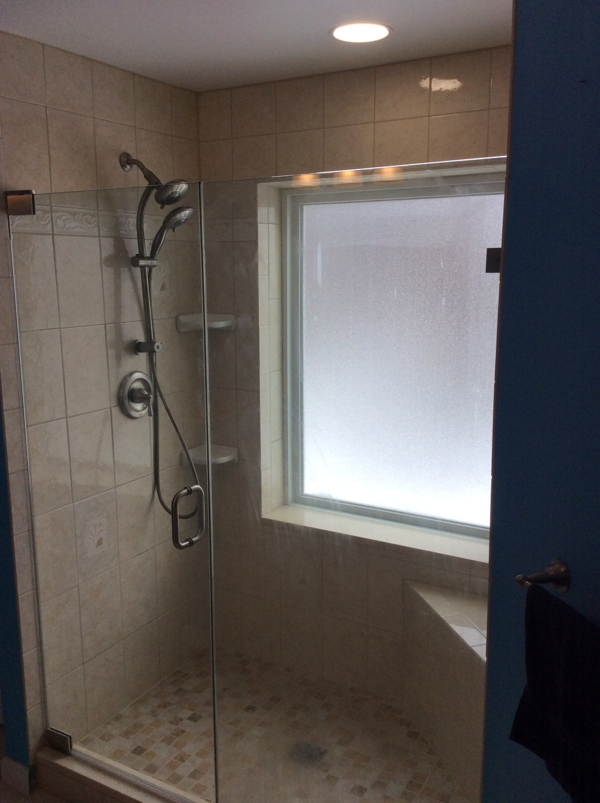 Master Bathroom Walk-in Shower with Triangle Seat