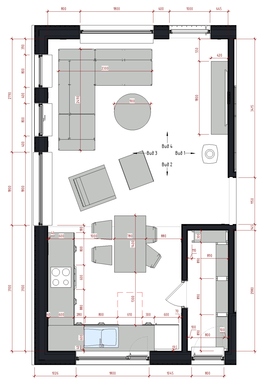 План расстановки мебели в кухне-гостиной