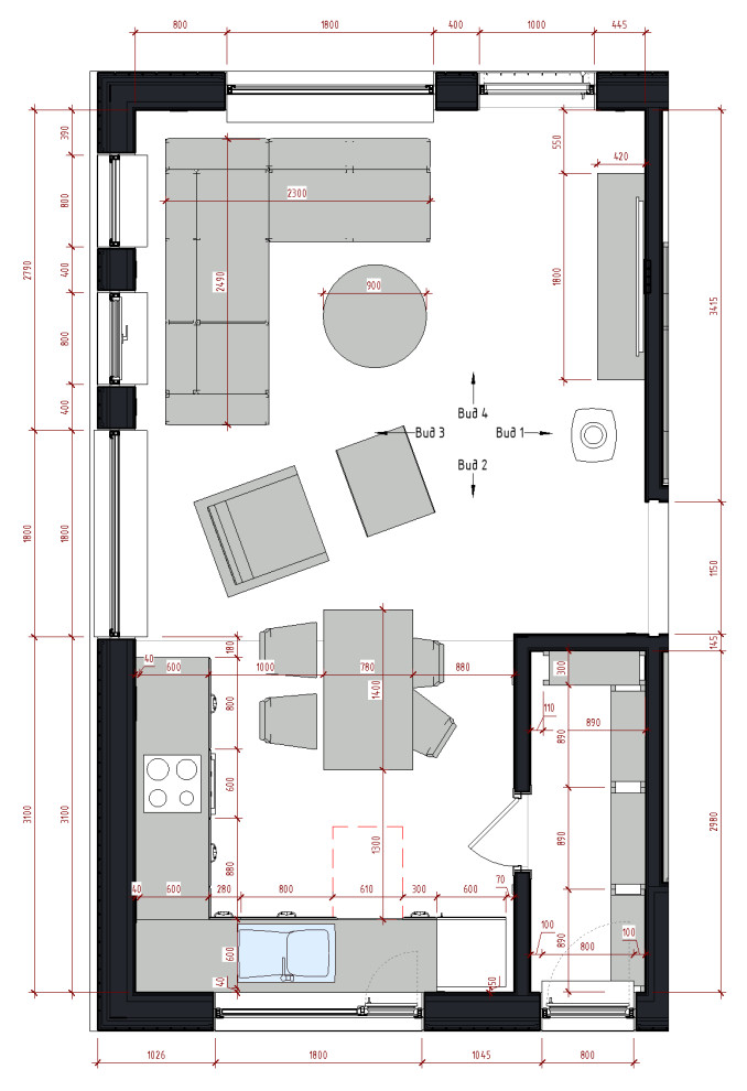 План расстановки мебели в кухне-гостиной