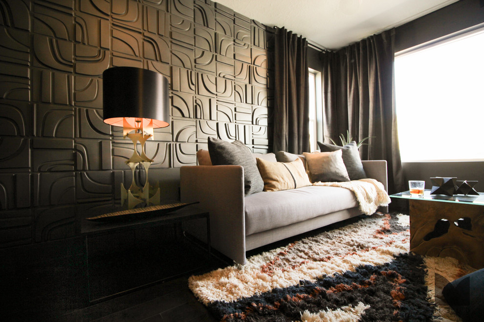 Small minimalist enclosed dark wood floor living room library photo in Salt Lake City with gray walls and no tv