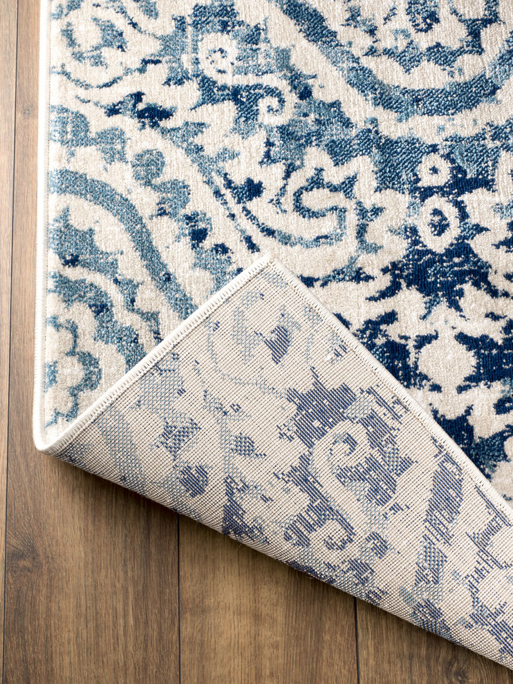 Madison Collection, HM411, White, Blue, Dark Blue, Modern Damask Area Rug Contemporary Area