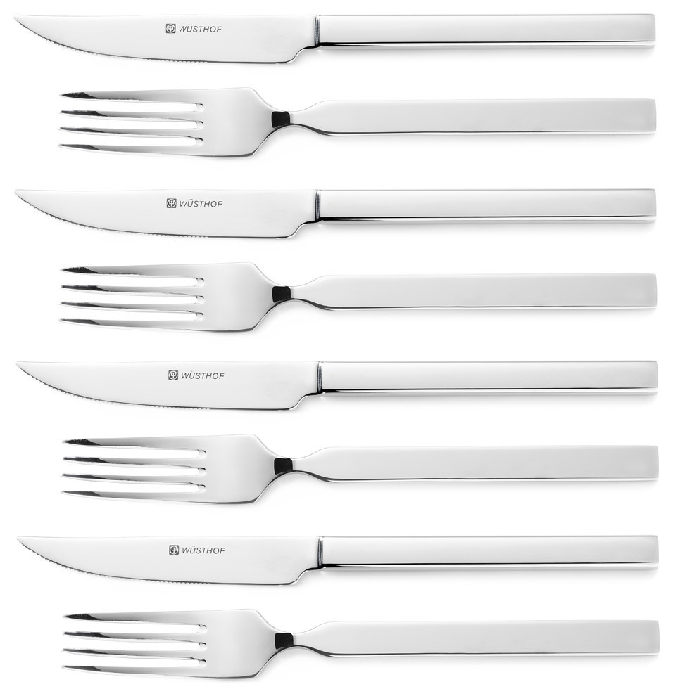 Wusthof 8 Piece 18/10 Stainless Steel Steak Knife and Fork Flatware Set