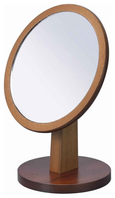 Wooden Makeup Round Mirror With Pedestal Base, Brown And Silver