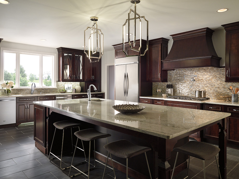 Inspiration for a transitional dark wood floor kitchen remodel in Indianapolis with a drop-in sink, flat-panel cabinets, medium tone wood cabinets and stainless steel appliances