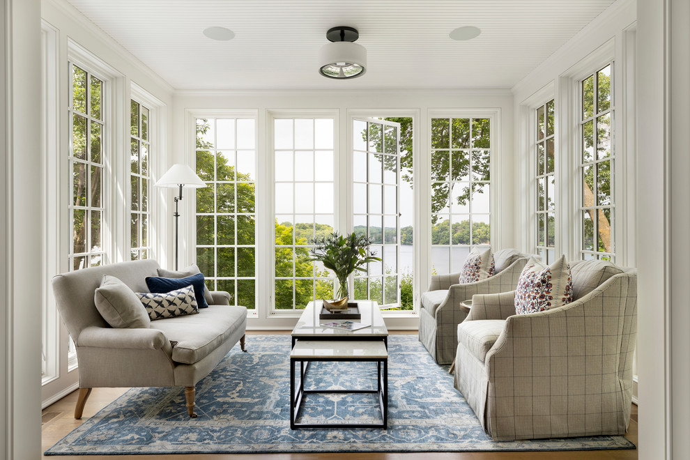 Inspiration for a beach style sunroom in Minneapolis with light hardwood floors, no fireplace and a standard ceiling.