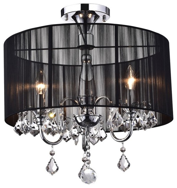Aubree 3 L Black and Chrome Semi Flush Mount Crystal Chandelier, 18.5"x9" Contemporary