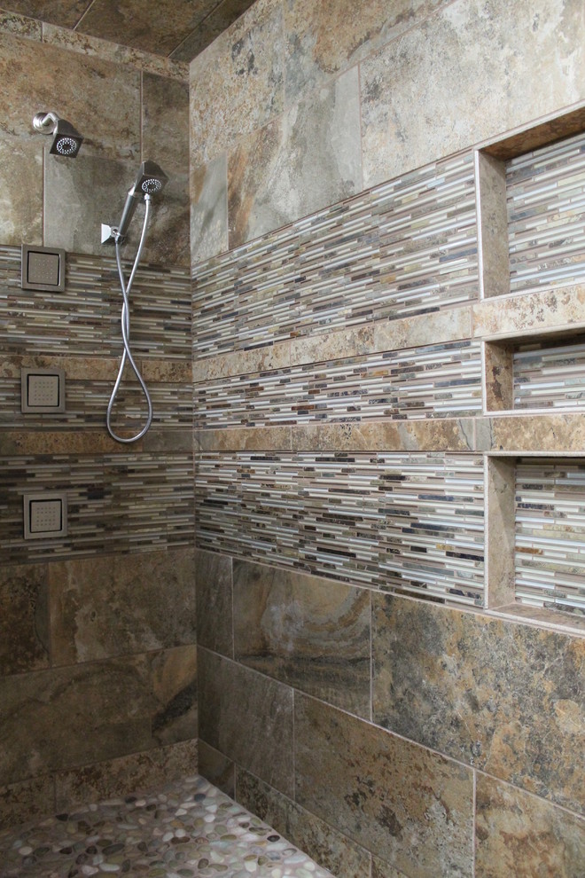 Transitional bathroom in Other with multi-coloured tile, mosaic tile, pebble tile floors and with a sauna.