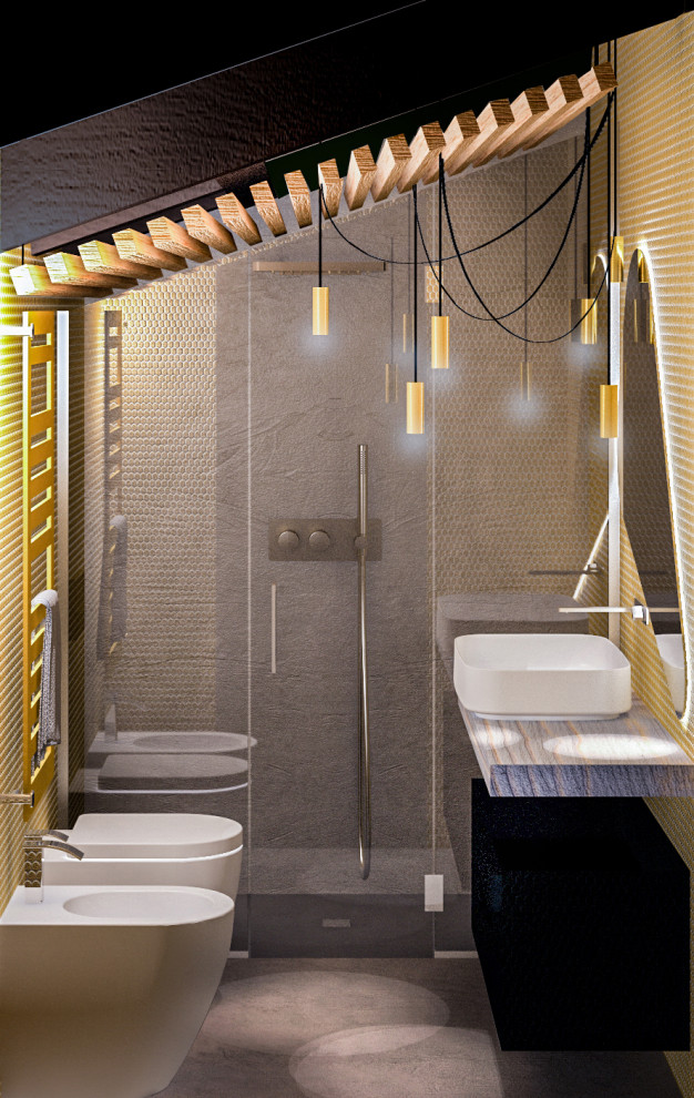 Пример оригинального дизайна: маленькая ванная комната в стиле модернизм с плоскими фасадами, черными фасадами, душем без бортиков, раздельным унитазом, стеклянной плиткой, душевой кабиной, настольной раковиной, столешницей из дерева, душем с распашными дверями, серой столешницей, тумбой под одну раковину, подвесной тумбой и деревянным потолком для на участке и в саду