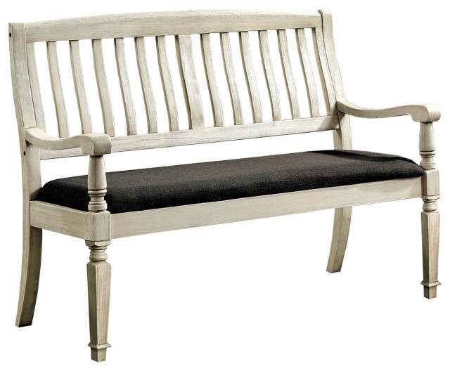Vintage Rustic Style Wooden Loveseat Bench With Padded Seat, Off White