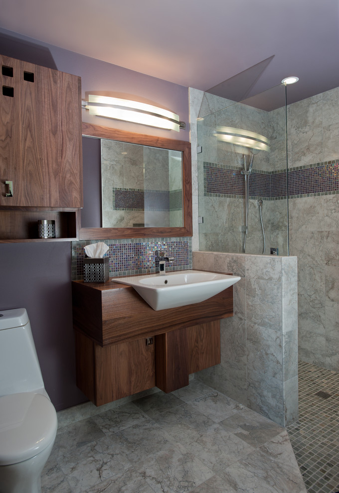 Design ideas for a contemporary bathroom in Portland with a curbless shower.