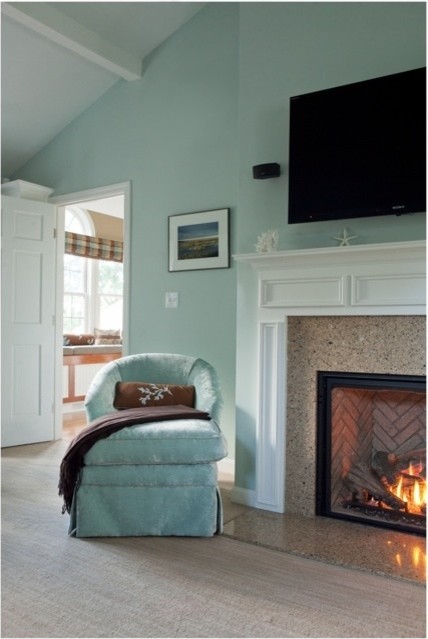 Inspiration for a mid-sized traditional master bedroom in Providence with green walls, carpet, no fireplace and beige floor.