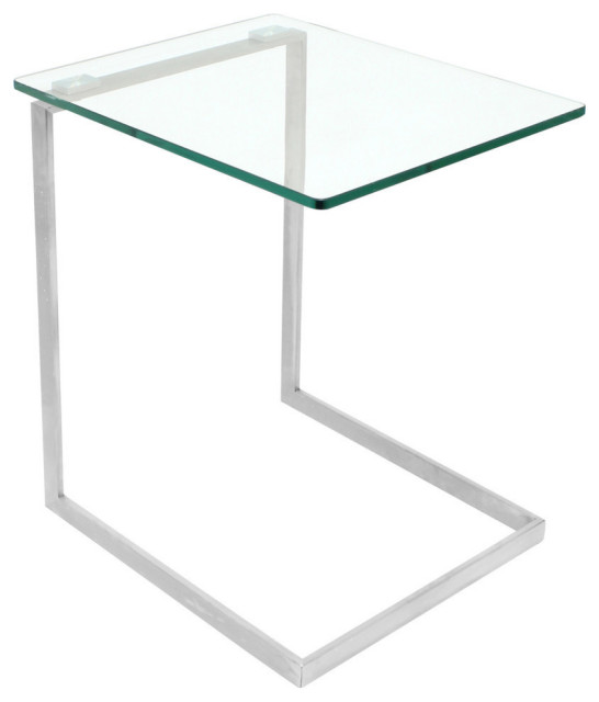 Industrial Zenn End Table, Stainless Steel and Walnut Wood, Clear Glass