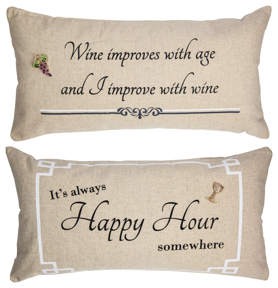 Happy Hour Celebrations Double Sided Linen Pillow With Wine Pins