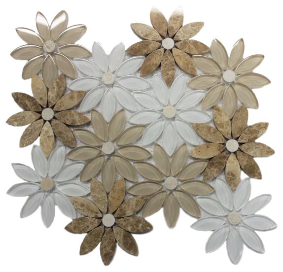 10.24"x11.42" Flower Cream Marble and White Glass Mosaic Backsplash Kitchen Bath