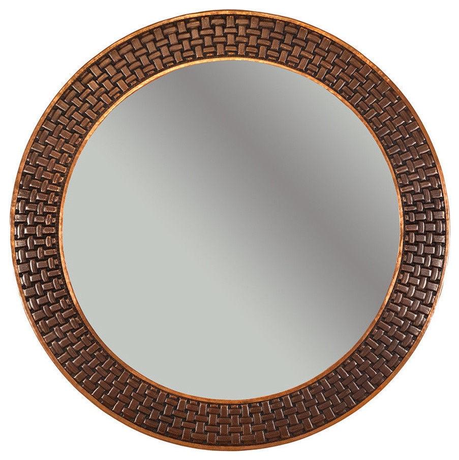34" Hand Hammered Round Copper Mirror With Decorative Braid Design