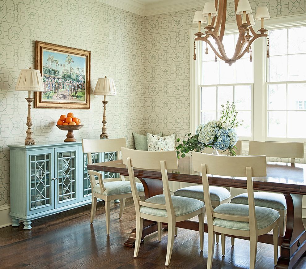 Inspiration for a traditional dining room in Other with multi-coloured walls, dark hardwood floors, no fireplace and brown floor.