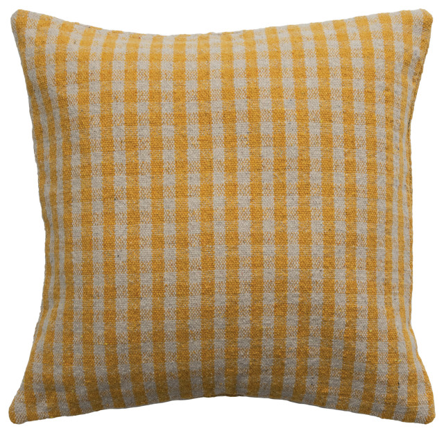 Woven Recycled Cotton Blend Pillow Cover, Gingham, Mustard and White