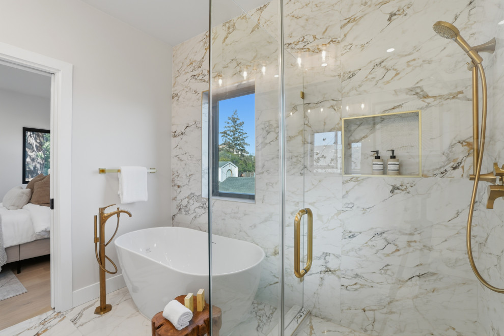 Luxury Bathroom with Freestanding Tub and Glass Walk-In Shower
