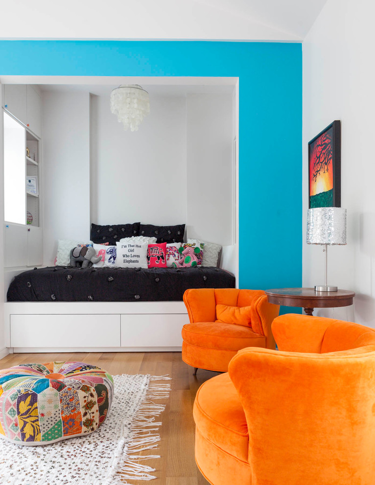 Kids' room - huge contemporary girl kids' room idea in Dallas with multicolored walls