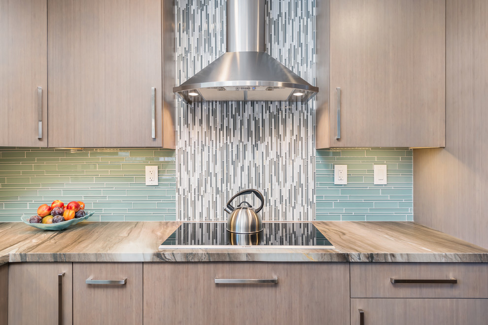 Small transitional u-shaped ceramic tile open concept kitchen photo in San Francisco with a double-bowl sink, flat-panel cabinets, gray cabinets, marble countertops, blue backsplash, glass tile backsplash, stainless steel appliances and a peninsula
