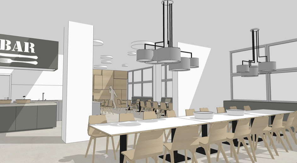 Bobst Kantine Mitarbeiterbereich Mittagspause Office Büro Planung Umplanung Modernisierung Interior Design NRW Krefeld Meerbusch Architektur Innenarchitektur Gestaltung 3D Akustik Küche Mensa