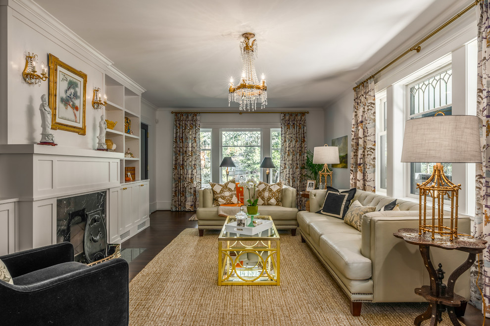 This is an example of a large traditional formal enclosed living room in Vancouver with dark hardwood floors, a standard fireplace, a tile fireplace surround, brown floor and grey walls.