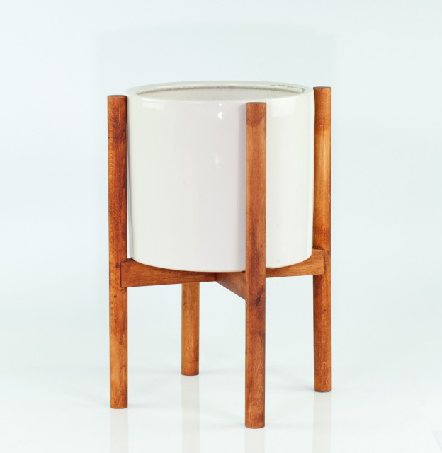 Large Ceramic Cylinder Pot 10 White With Wood Plant Stand Walnut Large Ceramic Cylinder Pot 10 White With Wood Plant Stand Walnut Color Scandinavian Outdoor Pots And Planters By Upshining Home Garden S