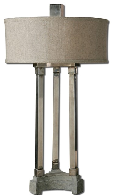 Antiqued Brushed Aluminum Risto Tri-Column Table Lamp
