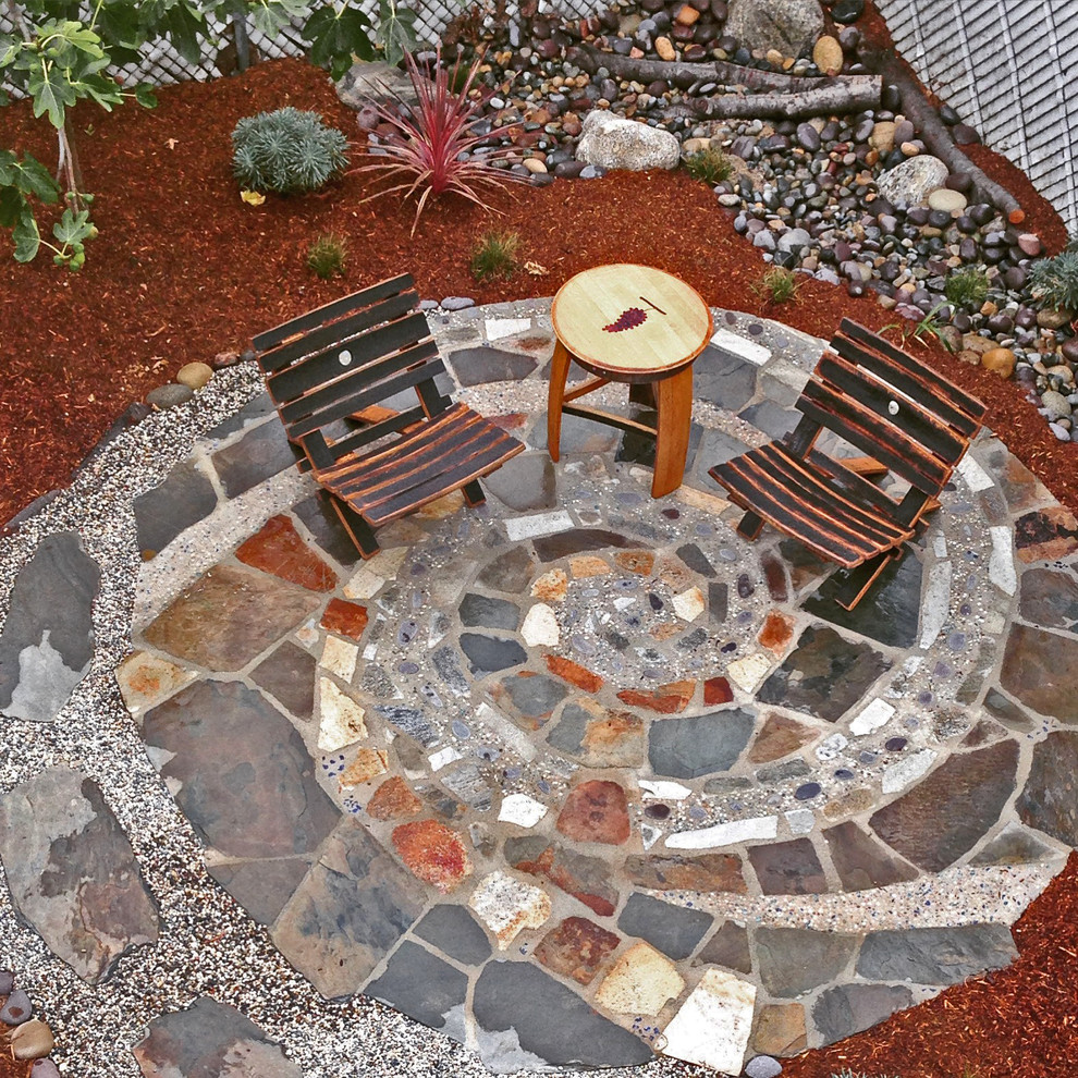 This is an example of a mid-sized beach style backyard full sun xeriscape in San Diego with a water feature and natural stone pavers.