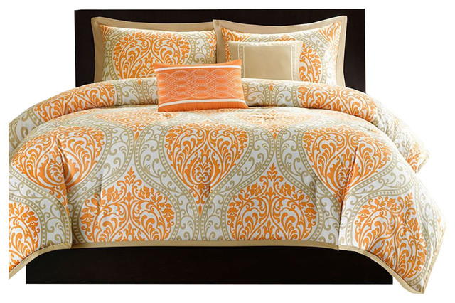 King Size 5 Piece Comforter Set In Orange Damask Print