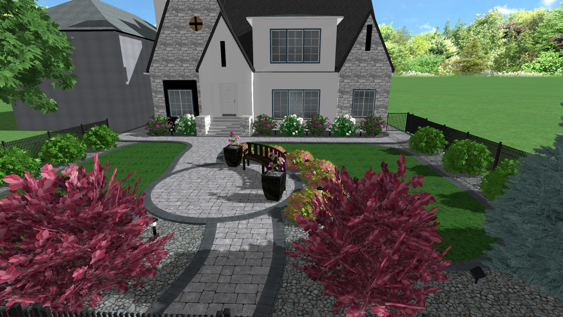3D Landscape Design of Front yard with roman paver walkway and circular seating area