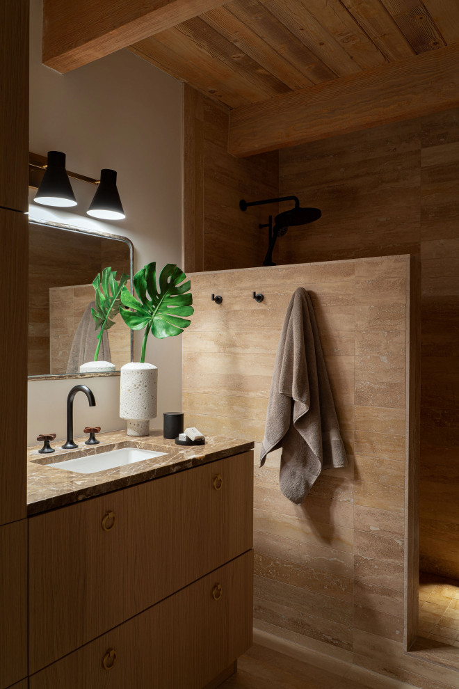 Bathroom in Phoenix with flat-panel cabinets, light wood cabinets, an alcove shower, beige tile, beige walls, an undermount sink, beige floor, an open shower, beige benchtops, a single vanity, a built-in vanity, exposed beam and wood.