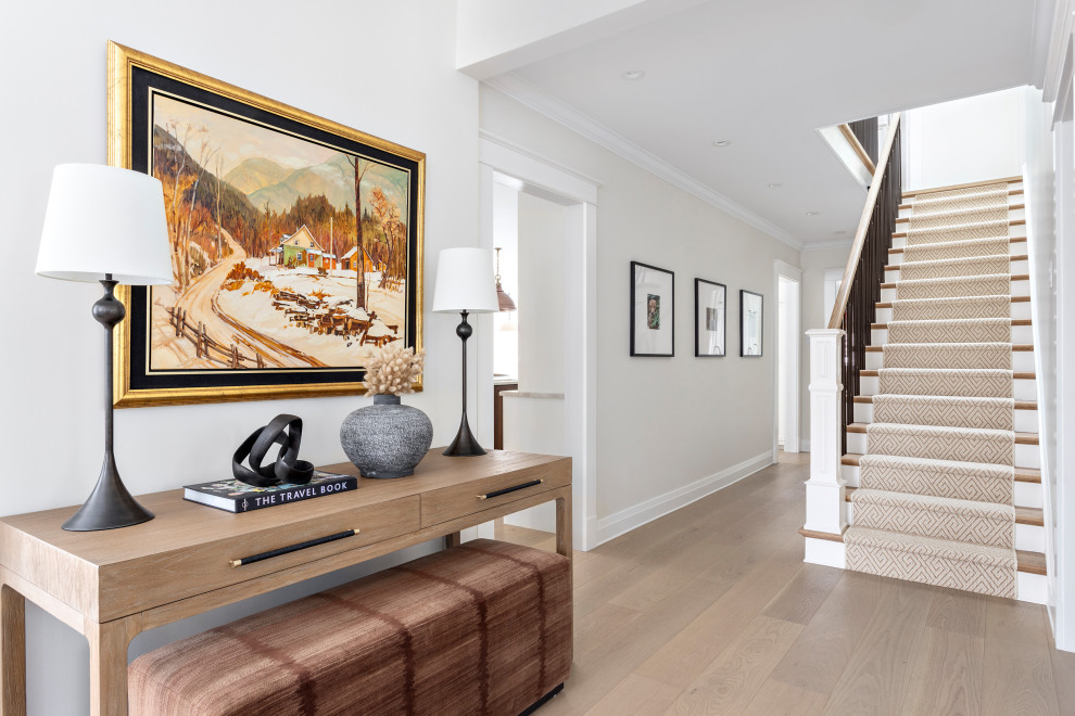 Mid-sized transitional wooden straight mixed material railing staircase photo with painted risers