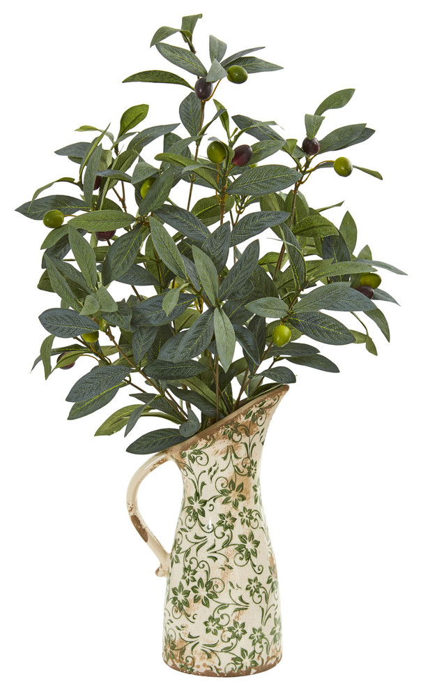 23" Olive Artificial Plant in Vase in Floral Pitcher Farmhouse