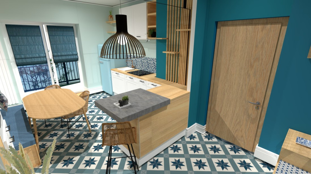Modern inredning av ett kök, med en undermonterad diskho, vita skåp, laminatbänkskiva, flerfärgad stänkskydd, stänkskydd i mosaik, integrerade vitvaror, vinylgolv, en köksö och turkost golv