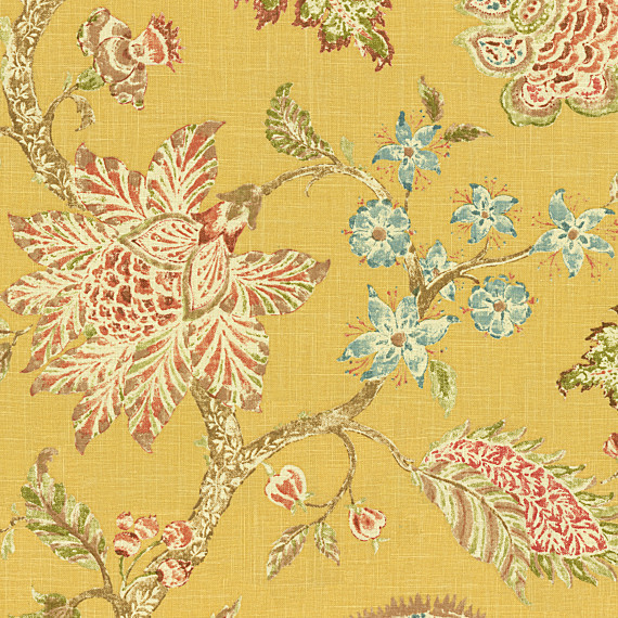 Yellow Delicate Floral Linen Fabric Traditional Drapery Fabric by