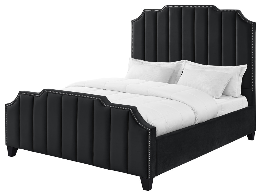 Inspired Home Zaida Bed, Velvet Upholstered, Black, Queen