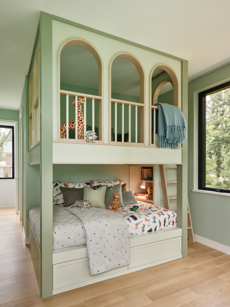 North Shore Less is More - Childrens' room - modern gender-neutral light wood floor and beige floor childrens' room idea in Chicago with green walls