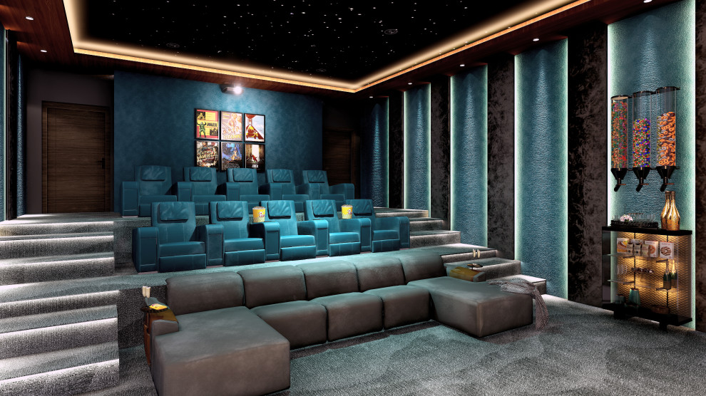 Свежая идея для дизайна: огромный домашний кинотеатр в современном стиле - отличное фото интерьера