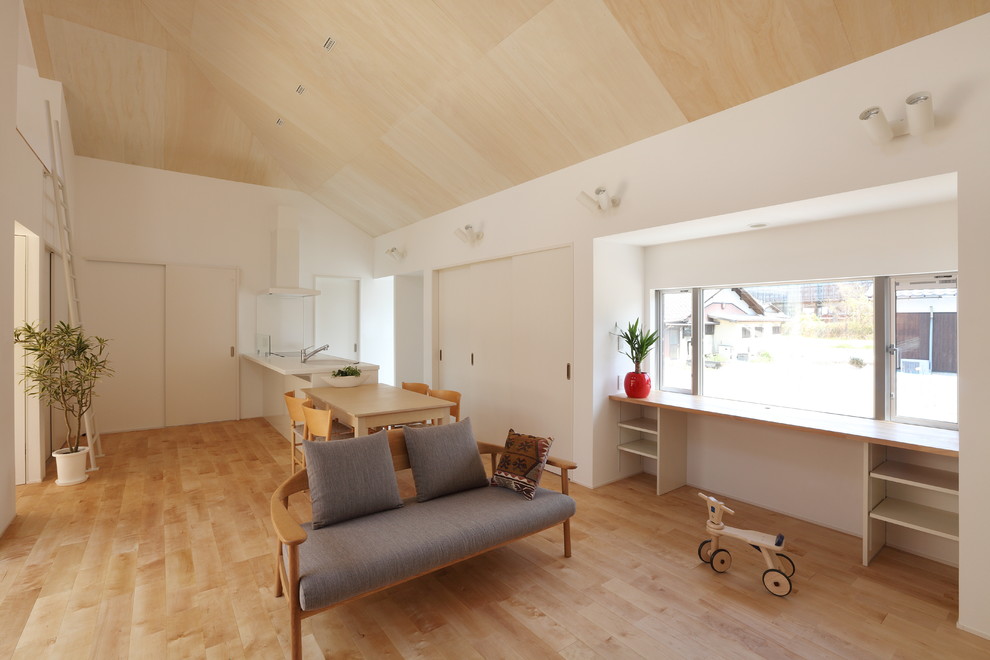 This is an example of a large scandinavian open concept living room in Other with white walls, light hardwood floors, no fireplace, a wall-mounted tv and beige floor.