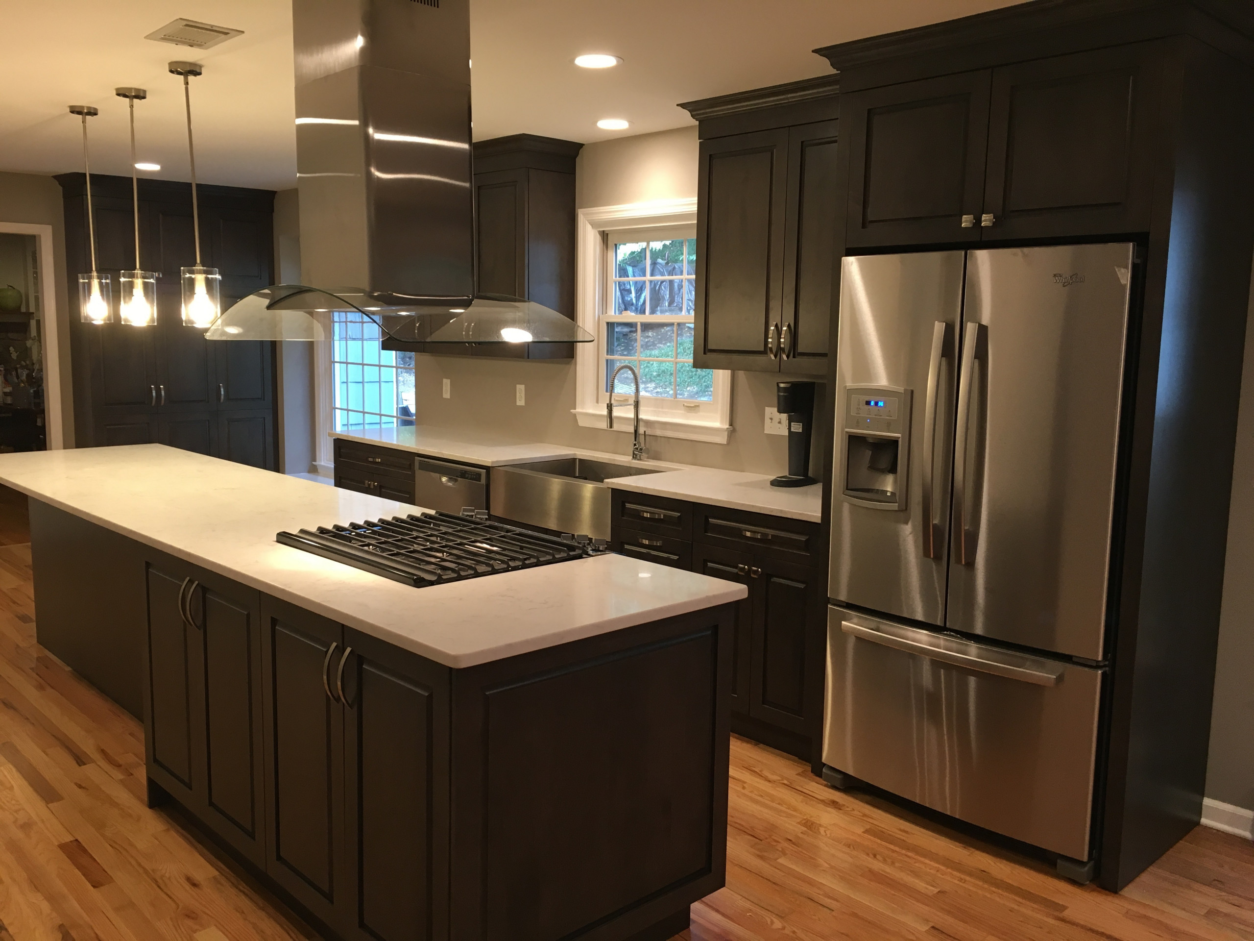 Transitional espresso kitchen with Quartz countertops