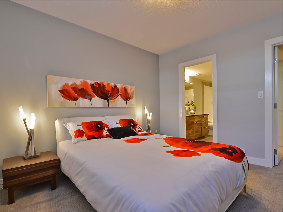 Photo of a small contemporary guest bedroom in Edmonton with grey walls, carpet and no fireplace.