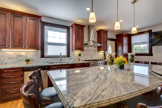 Viscont White Granite Countertops With Cherry Cabinets