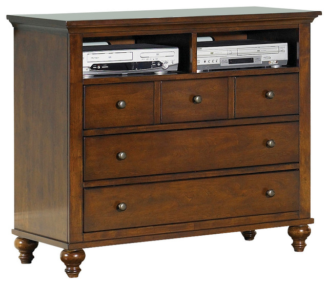Media Chest with Hardwood Solids, Birch Veneers Wood, Cinnamon Finish