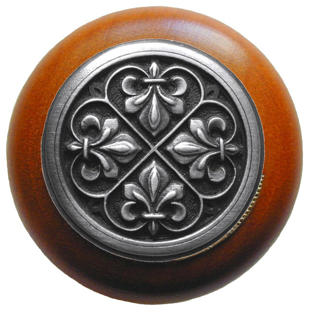 FleurdeLis Wood Knob, Antique Brass, Cherry Wood Finish And Drawer Knobs by